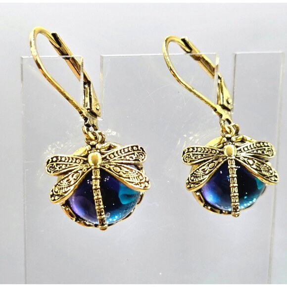 Jewelry - Gold Tone Dragonfly Leverback Earrings With Blue Cabochon Drop